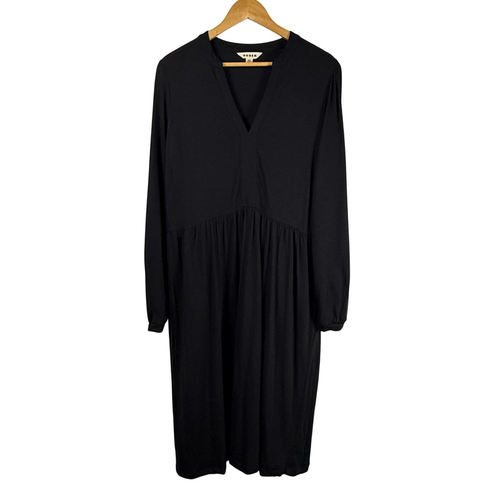 Boden Naomi Relaxed Jersey Dress V-Neck Long Sleeve Slub Midi Womens 14L D1053